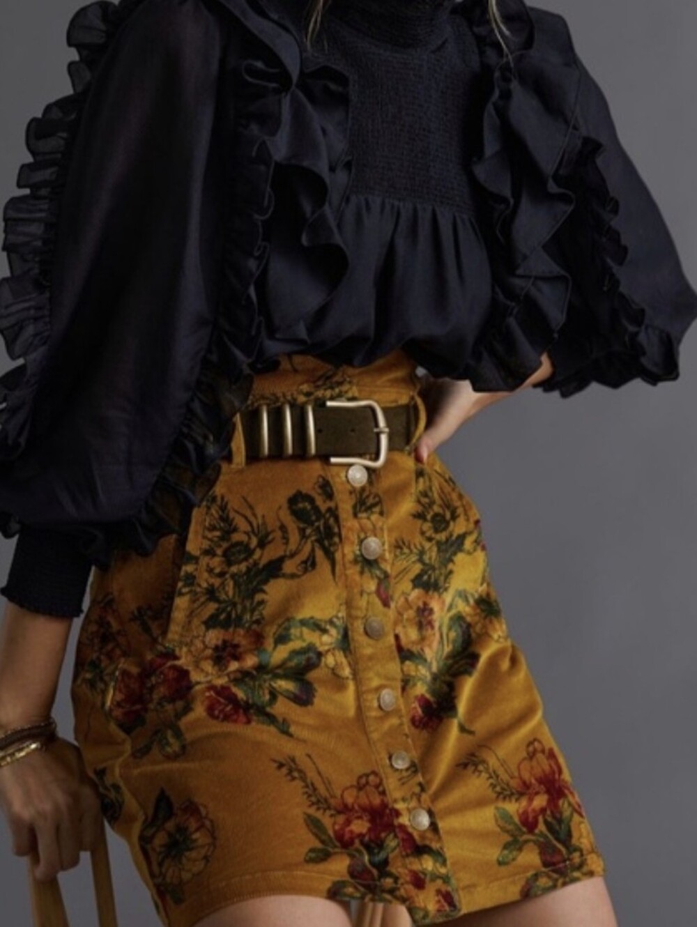 Anthropologie Pilcro Corduroy Mini Skirt Mustard Floral